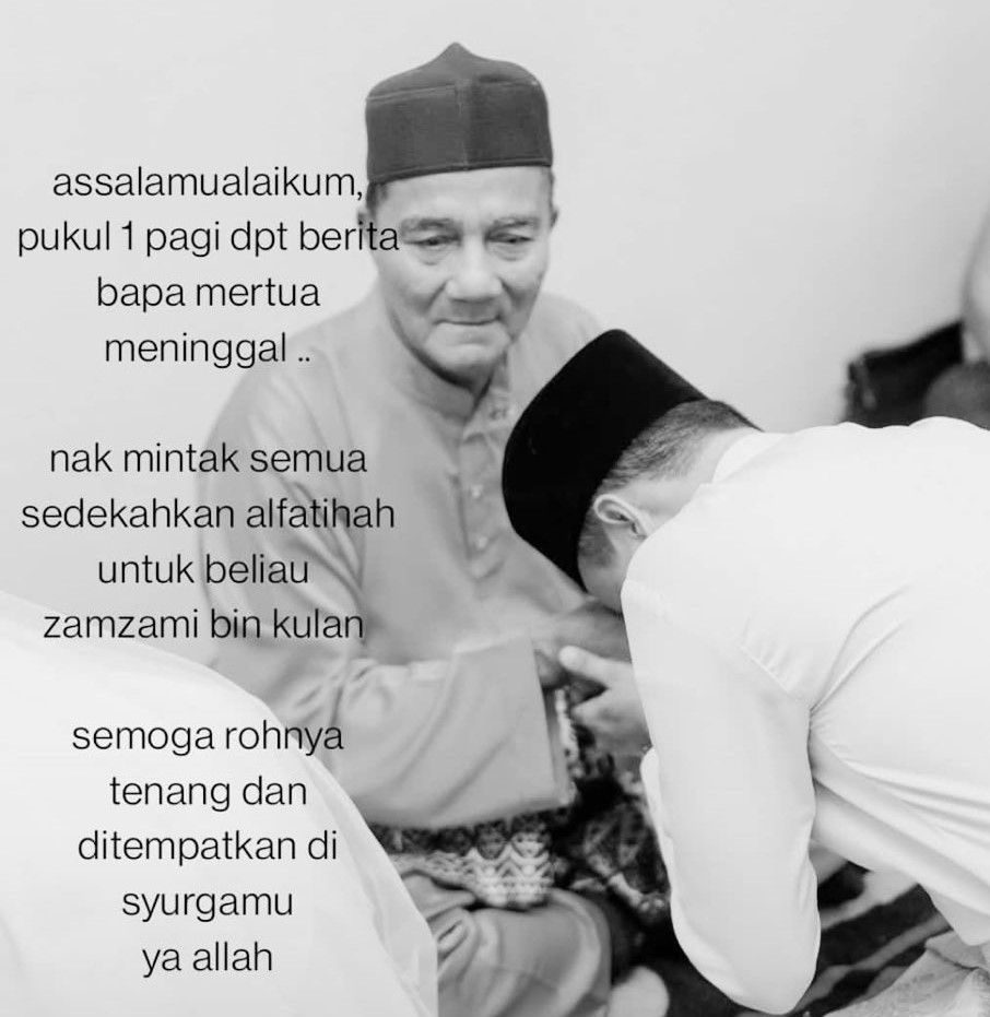 Zamzami Kulan - a middle-aged man in kopiah and baju melayu, while a younger man, believed to be his son, holds his hands in salam. 